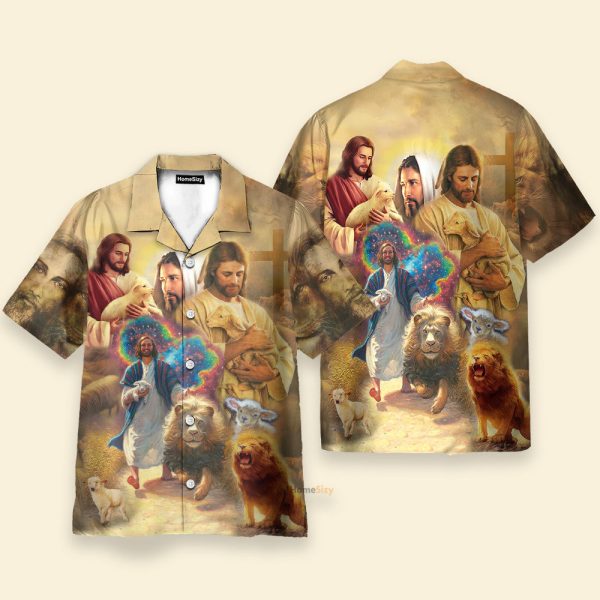 Jesus Lion Lamb Galaxy Vintage Art Hawaiian Shirt