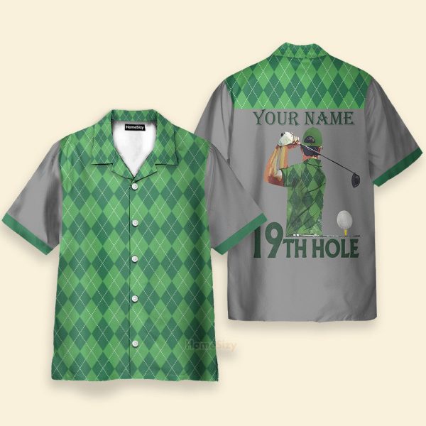 Custom Name 19Th Hole Green Argyle Pattern Golf Personalized Hawaiian Shirt & Beach Shorts