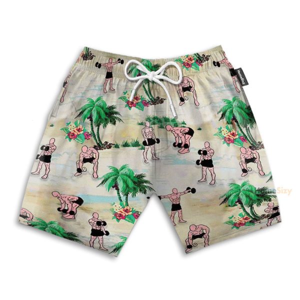 Weight Lifting Tropical Pattern Hawaiian Shirt & Beach Shorts