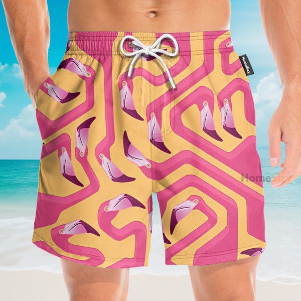 Pink Flamingo Maze Yellow Background Hawaiian Shirt & Beach Shorts