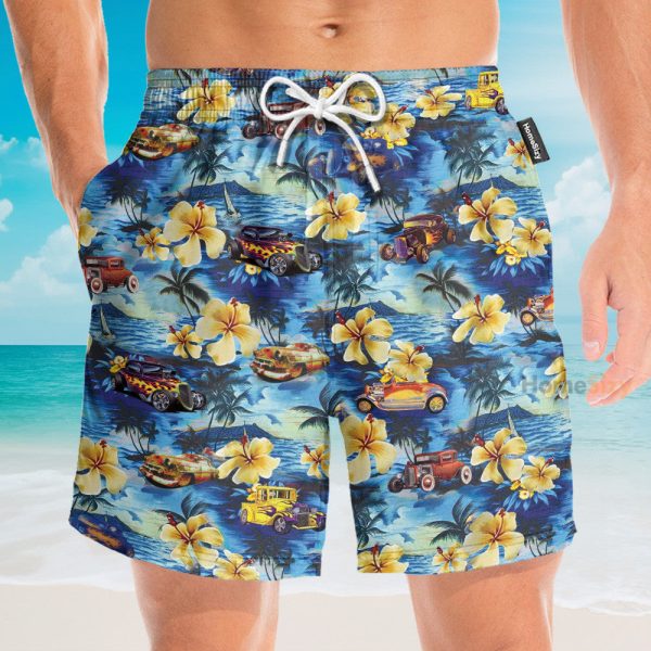 Hot Rod Car And Flowers On The Beach Hawaiian Shirt & Beach Shorts
