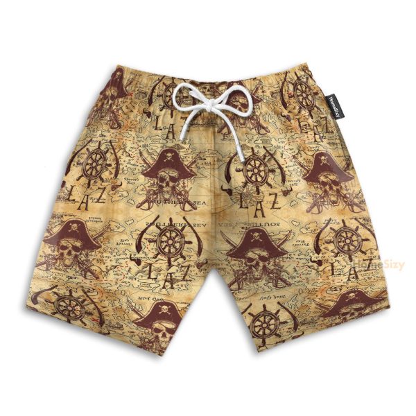 Pirate Skull Vintage Nautical Map Pattern Hawaiian Shirt & Beach Shorts