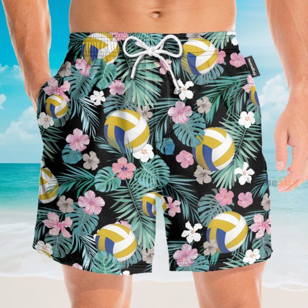Volleyball Tropical Leaves Pattern Hawaiian Shirt & Beach Shorts