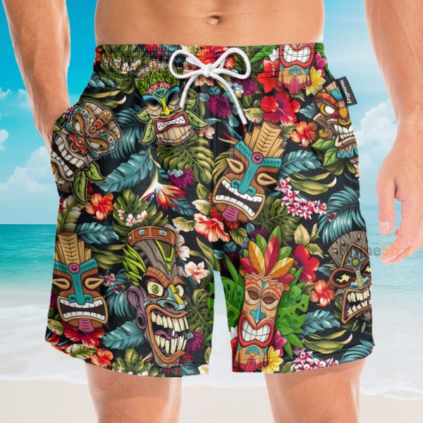 Summer Aloha Colorful Tiki Tiki Hawaiian Shirt & Beach Shorts