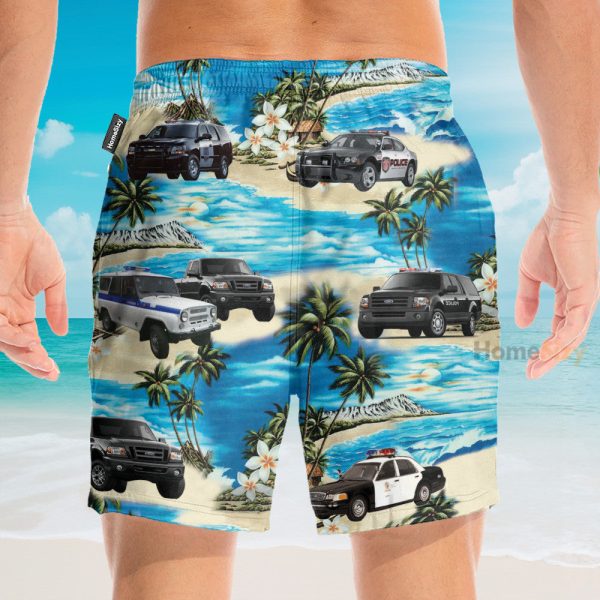 Police Cars On The Beach Tropical Hawaiian Shirt & Beach Shorts