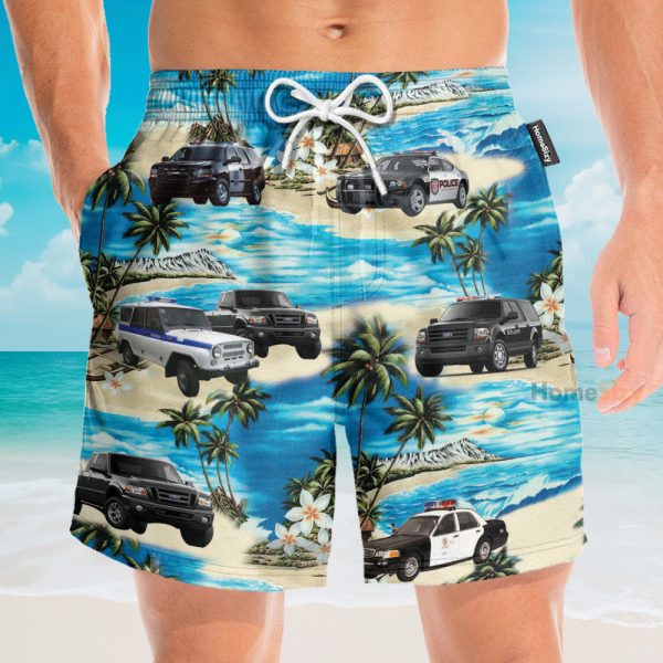 Police Cars On The Beach Tropical Hawaiian Shirt & Beach Shorts