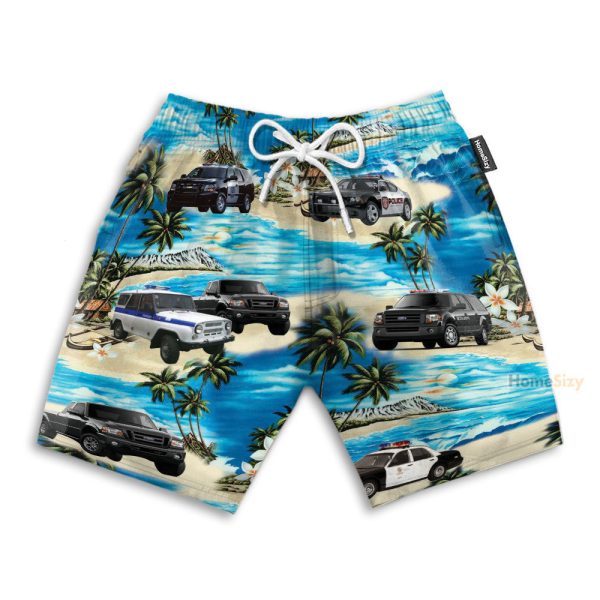 Police Cars On The Beach Tropical Hawaiian Shirt & Beach Shorts