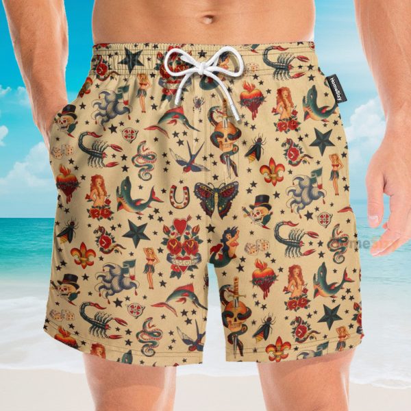 Old School Tatoo Summer Men'S Button'S Up Shirts Hawaiian Shirt & Beach Shorts