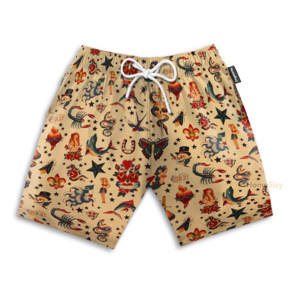 Old School Tatoo Summer Men'S Button'S Up Shirts Hawaiian Shirt & Beach Shorts