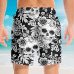 Skull And Flowers Black And White Men'S Button'S Up Shirts Hawaiian Shirt & Beach Shorts