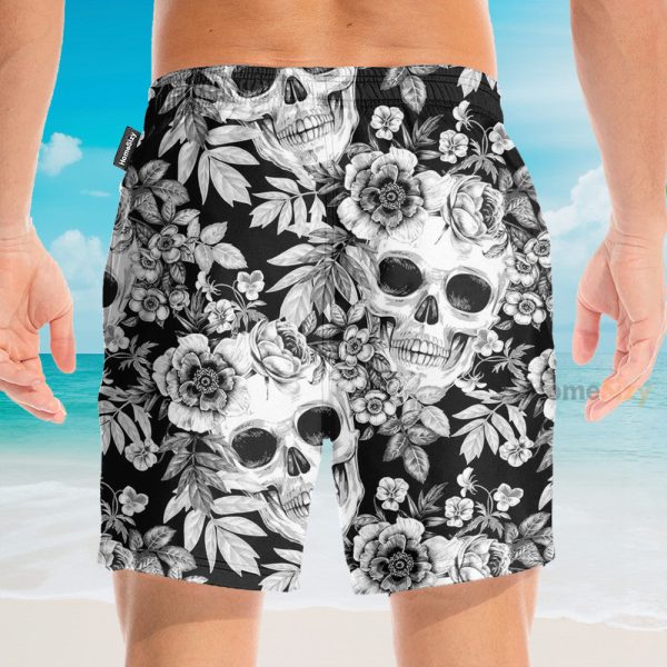 Skull And Flowers Black And White Men'S Button'S Up Shirts Hawaiian Shirt & Beach Shorts