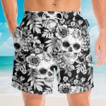 Skull And Flowers Black And White Men'S Button'S Up Shirts Hawaiian Shirt & Beach Shorts
