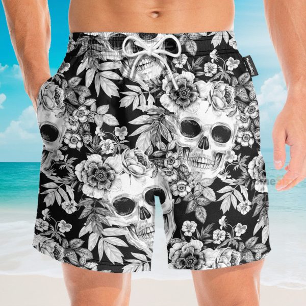 Skull And Flowers Black And White Men'S Button'S Up Shirts Hawaiian Shirt & Beach Shorts