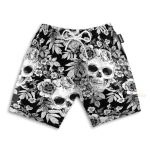Skull And Flowers Black And White Men'S Button'S Up Shirts Hawaiian Shirt & Beach Shorts