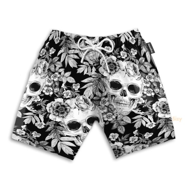 Skull And Flowers Black And White Men'S Button'S Up Shirts Hawaiian Shirt & Beach Shorts