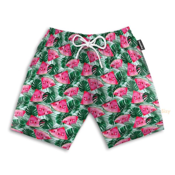 Watermelon In Tropical Green Leaves Hawaiian Shirt & Beach Shorts