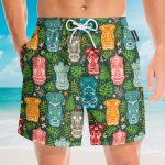 Tiki Tropical Green Men'S Button'S Up Shirts Hawaiian Shirt & Beach Shorts