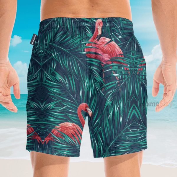 Flamingo In Tropical Green Leaves Hawaiian Shirt & Beach Shorts