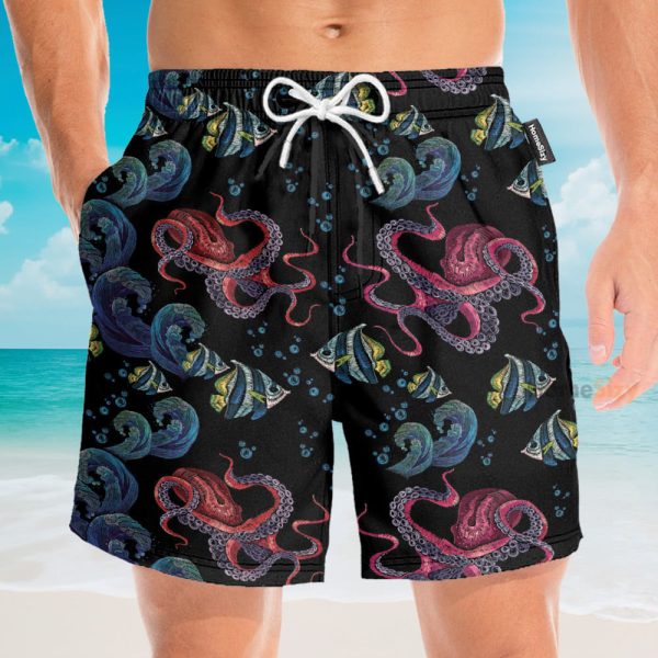 Happy Octopus Men'S Button'S Up Shirts Hawaiian Shirt & Beach Shorts
