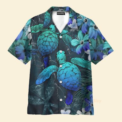 Sea Turtle Tropical Hibiscus And Plumeria Blue Hawaiian Shirt & Beach Shorts