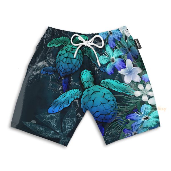 Sea Turtle Tropical Hibiscus And Plumeria Blue Hawaiian Shirt & Beach Shorts
