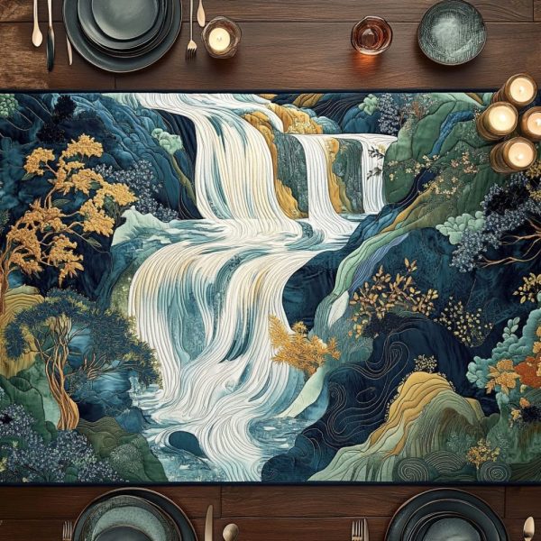 Artistic Woodblock Japanese Waterfall Quilted Table Runner