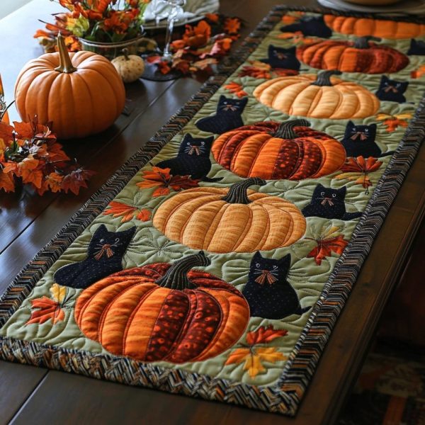 Autumn Black Cat Quilted Table Runner