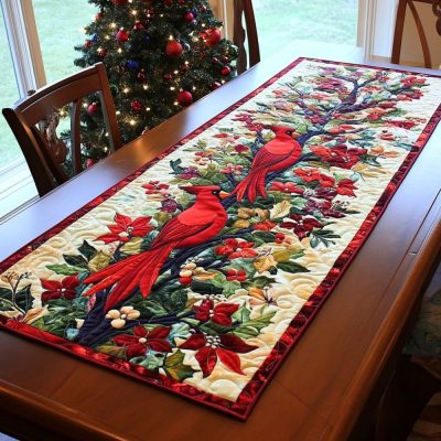 Autumn Cardinal Whispers Quilted Table Runner