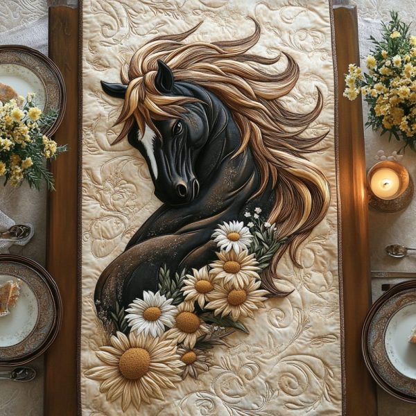 Black Daisy Charm Quilted Table Runner