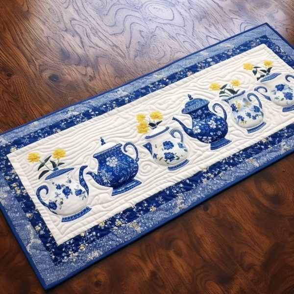Blue Teapots Quilted Table Runner