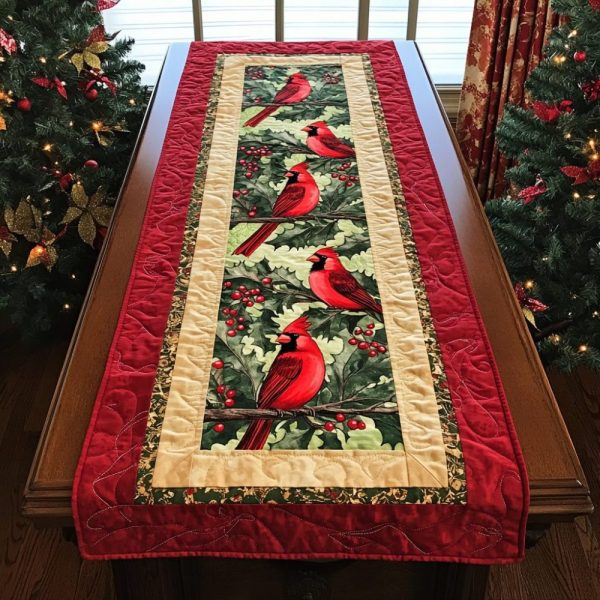 Cardinal Snowy Perch Quilted Table Runner