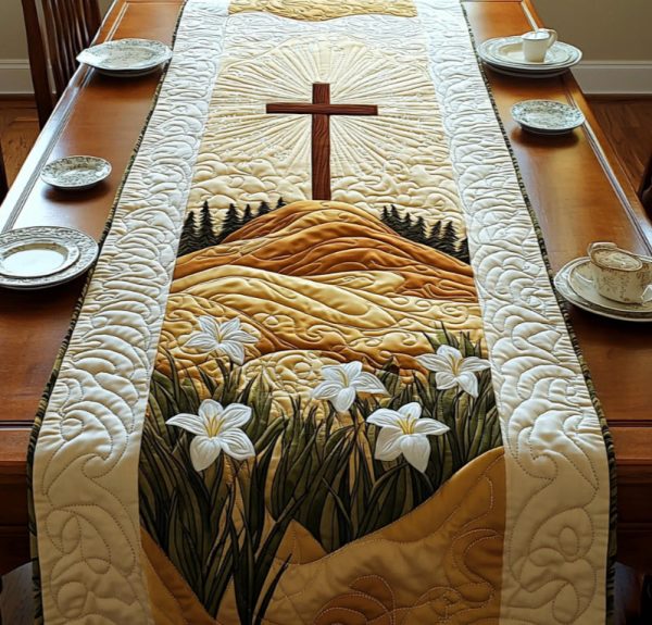 Christian Cross Bloom Quilted Table Runner
