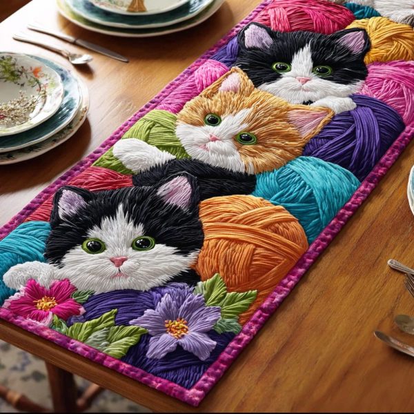 Color Splash Meow Quilted Table Runner