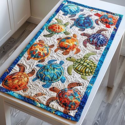 Colorful Coastal Turtle Quilted Table Runner