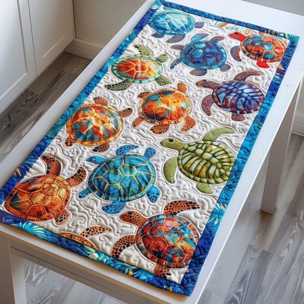 Colorful Coastal Turtle Quilted Table Runner