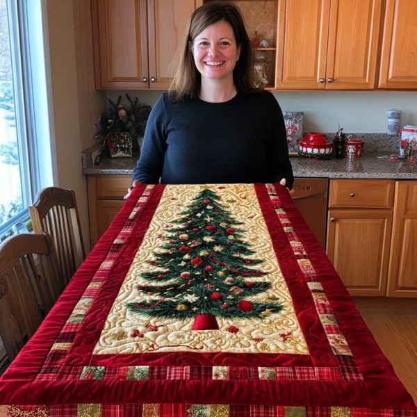 Colorful Christmas Tree Quilted Table Runner