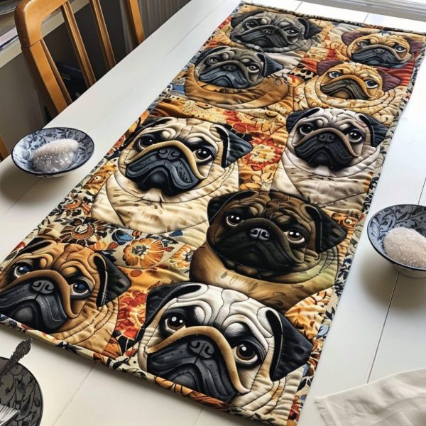 Colorful Pugs Quilted Table Runner