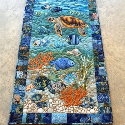 Coral Turtle Quilted Table Runner