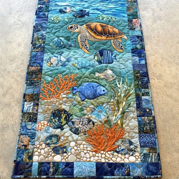 Coral Turtle Quilted Table Runner