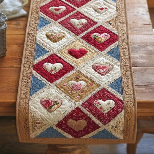 Country Patchwork Heart Quilted Table Runner