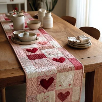 Cozy Heirloom Hearts Quilted Table Runner