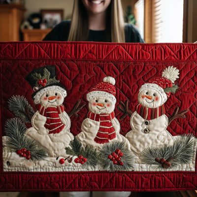 Crimson Cozy Snowmen Quilted Table Runner
