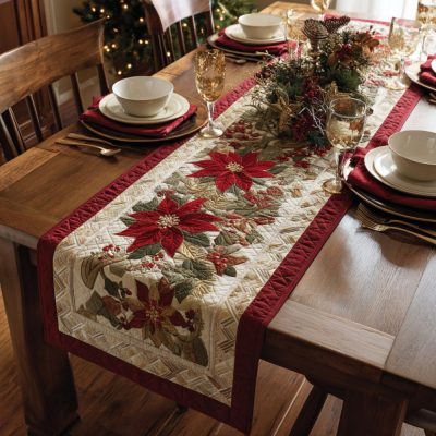 Crimson Poinsettia Border Quilted Table Runner
