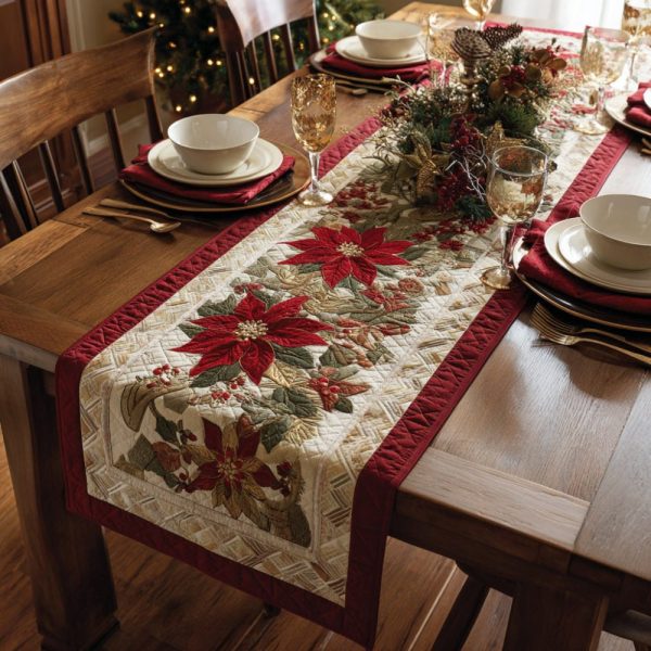 Crimson Poinsettia Border Quilted Table Runner
