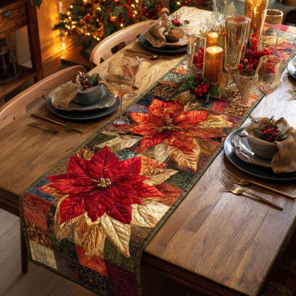 Elegant Poinsettia Scroll Quilted Table Runner