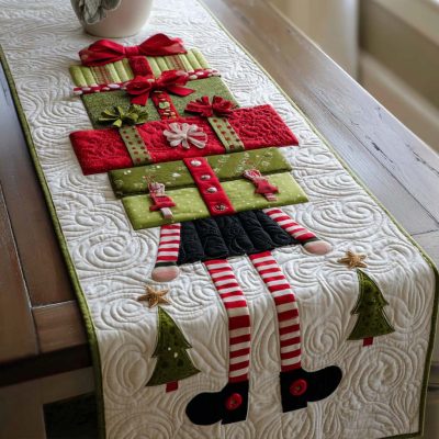 Elf Gift Stack Quilted Table Runner