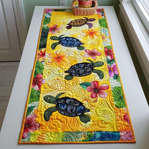 Floral Turtle Journey Quilted Table Runner