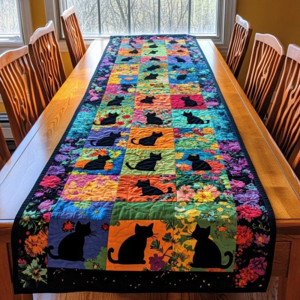 Floral Colorful Cats Quilted Table Runner