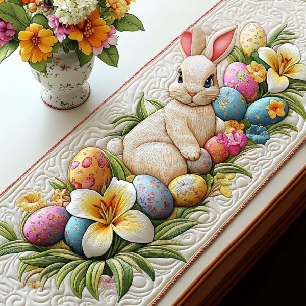 Floral Egg Bunny Quilted Table Runner