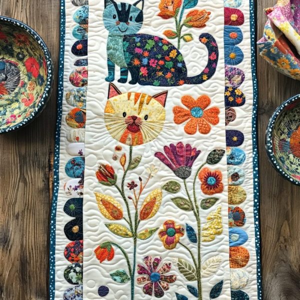 Floral Whimsical Cat Quilted Table Runner